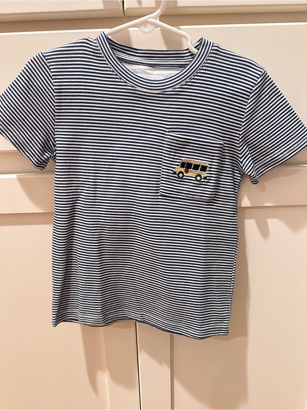 Navy & White Striped Short Sleeve Tee with Bus Patch